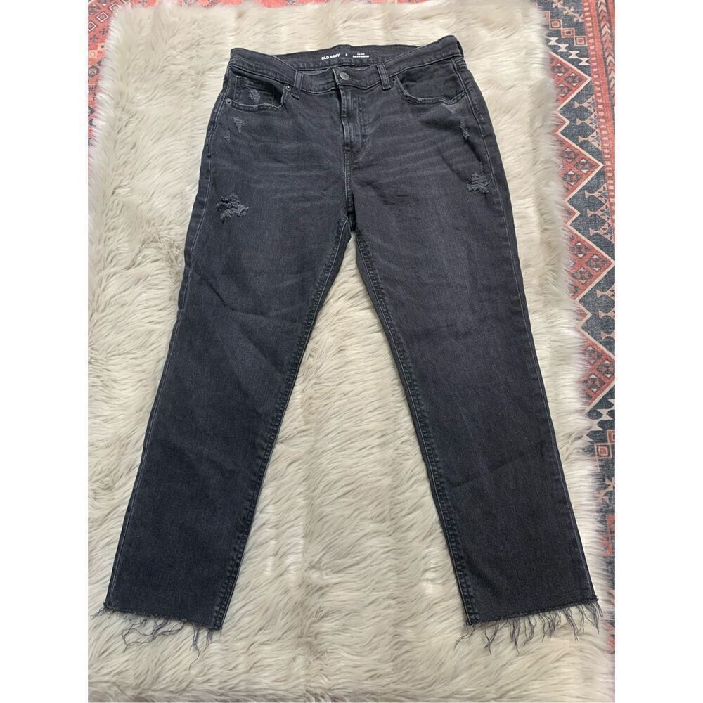 Old Navy Women’s Boyfriend Mid Rise Distressed Black Jeans Size 8